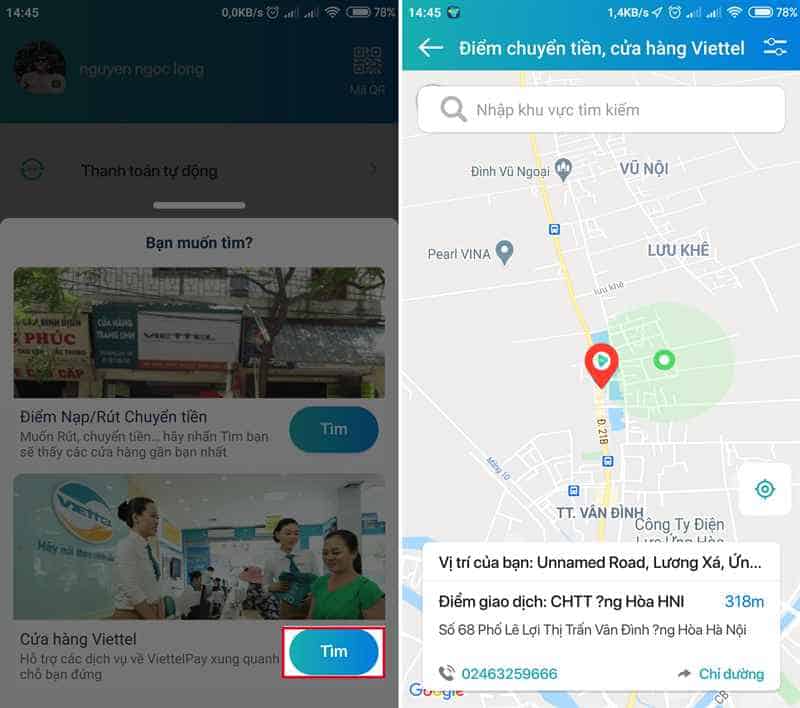 Bước 2: Nhấp chọn "Tìm" hệ thống app sẽ định vị chỗ bạn đang ở và kiểm tra các điểm giao dịch Viettel gần nhất.